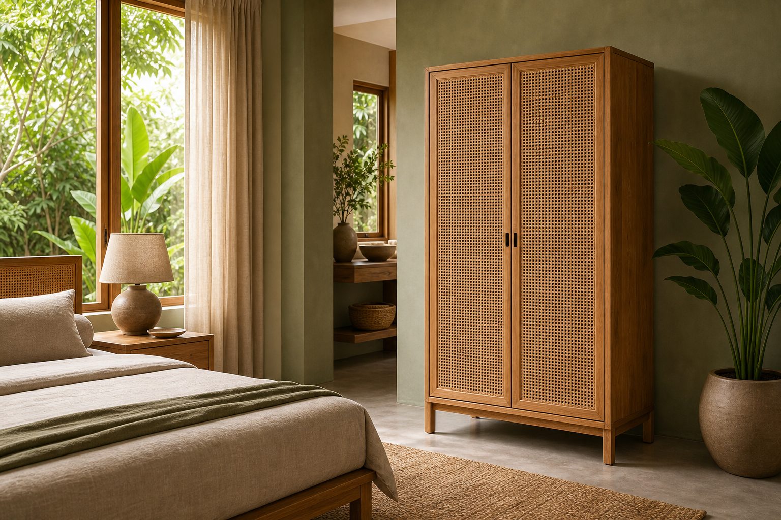 Lemari jati dua pintu dengan panel rotan di kamar terang