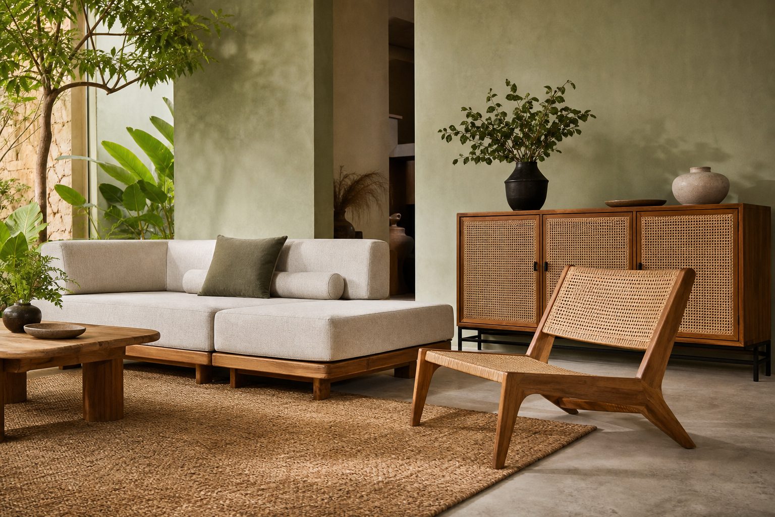 Studio furnitur Ruang Rimbun di Bandung dengan kursi jati, kabinet rotan, dan sofa linen