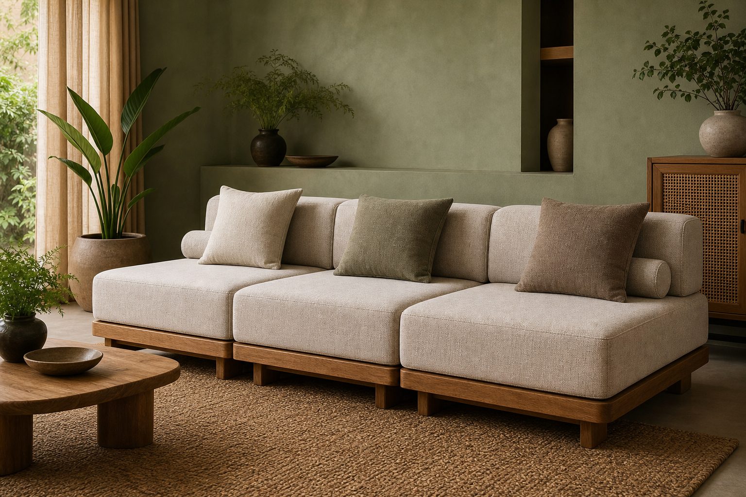 Sofa modular linen oat di ruang keluarga minimalis