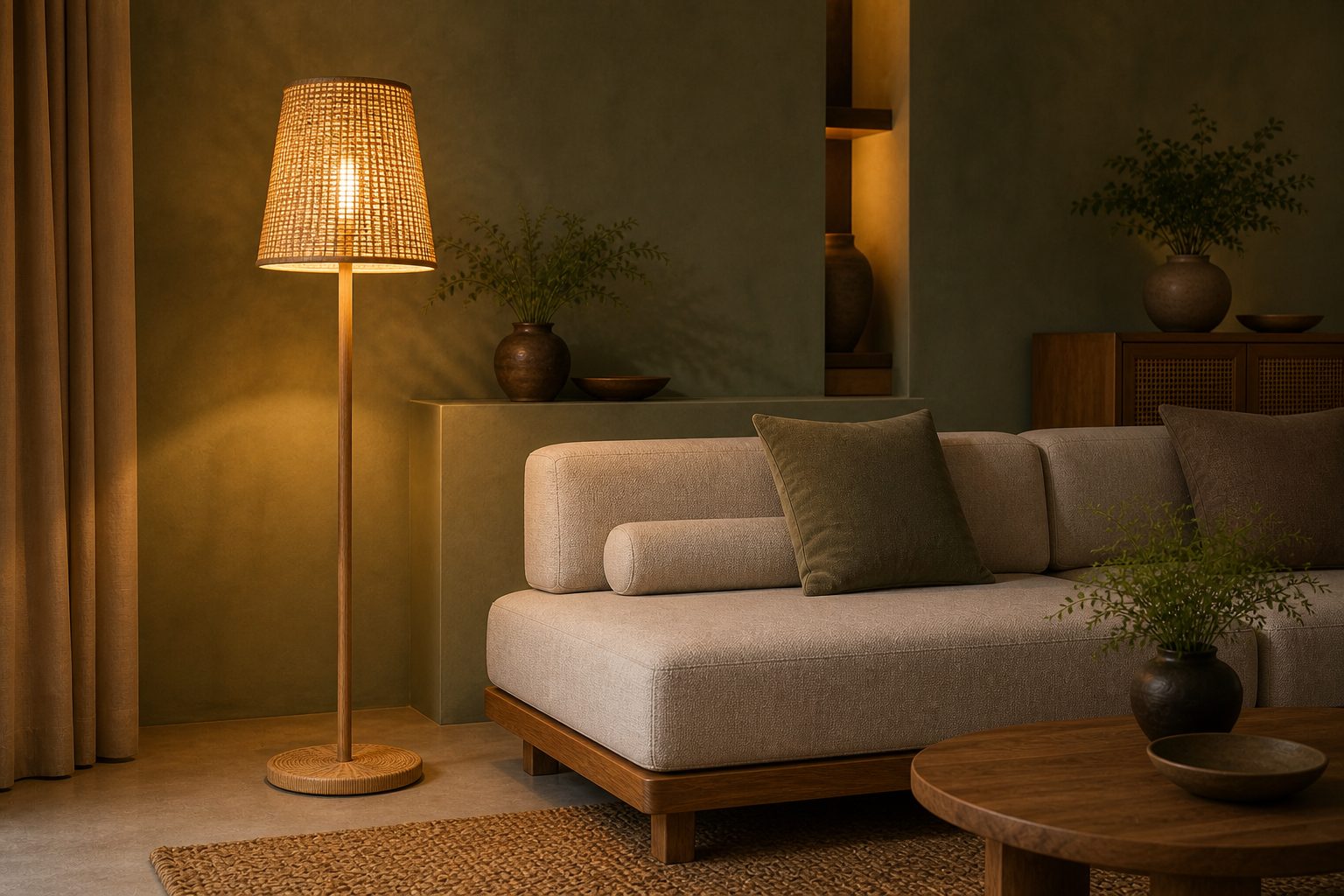 Lampu lantai rotan menyala hangat di samping sofa